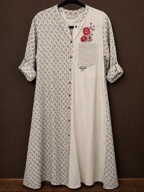 Embroidered Floral Patchwork Cotton Flax Midi Shirt Dress L UTSA